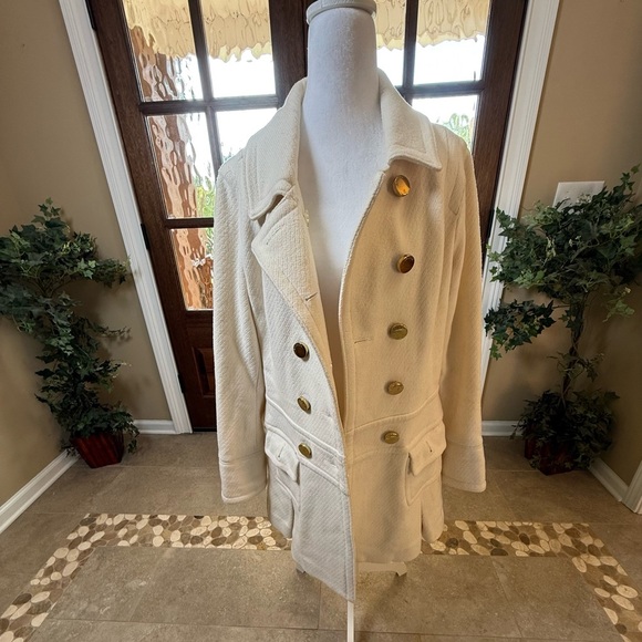 Express Classic Double-Breasted Textured White Peacoat - Picture 2 of 12